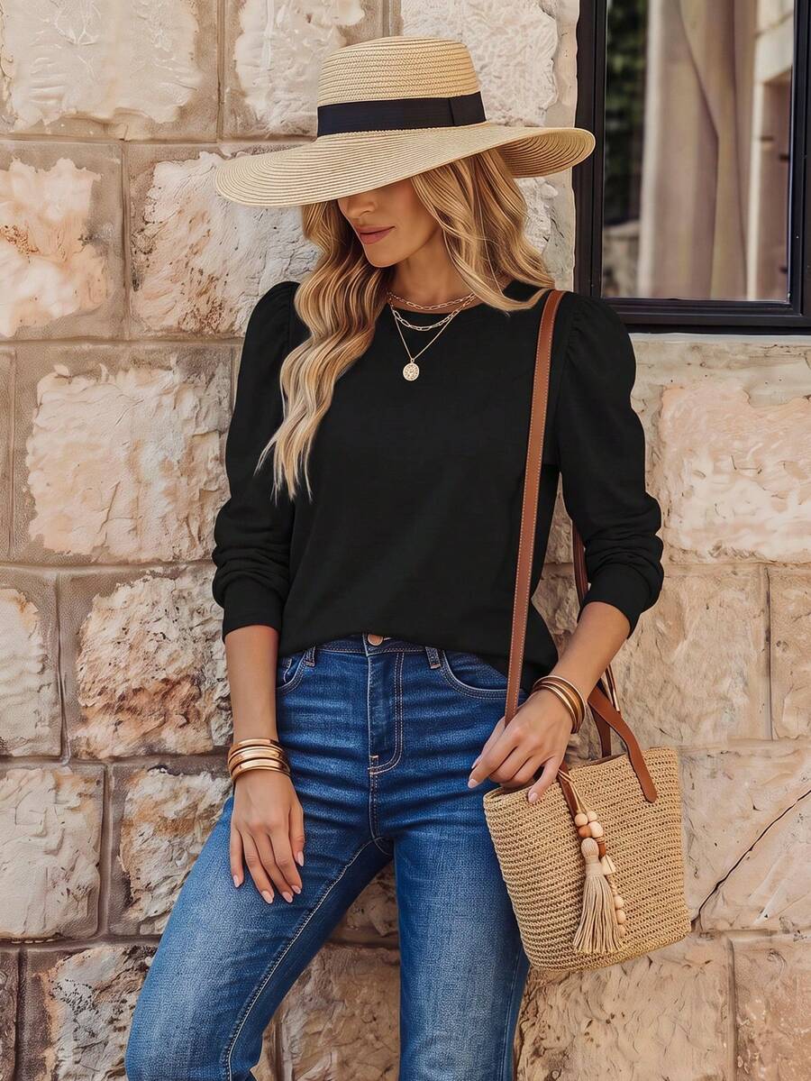 EMERY ROSE Women's Solid Color Minimalist Crew Neck Long Sleeve T-Shirt, Everyday Wear - Black - View 1