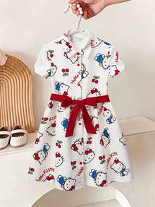 HELLO KITTY AND FRIENDS | SHEIN Gaun Kasual Lengan Pendek Motif Kartun untuk Anak Perempuan - Putih - View 3