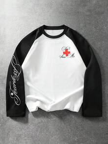 ROMWE MEN Goth Men's Letter & Cross Print Casual Long Sleeve T-Shirt For Daily Wear - White - View 2