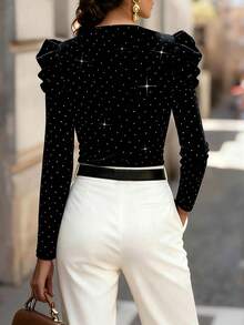 Balvessa Rhinestone Velvet Criss-Cross Neck Elegant Party Long Sleeve Women Bodysuit - Black - View 2