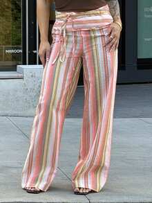 SAYEHFBABY Women's Striped Tie-Up Patchwork Long Pants,Cargo Pants - Orange - View 4