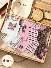 SHEIN Playful Pals 8件套 | 嬰兒女童 0-3歲 春/夏新款休閒日常穿搭，極簡純色不對稱羅紋針織短袖背心 + 短褲組合 - 棕色 - 查看 3