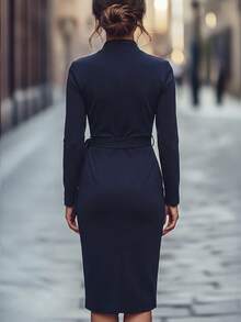 Balvessa Women's Elegant Commute Long Sleeve Dress, Teacher Outfit - Navy Blue - View 2