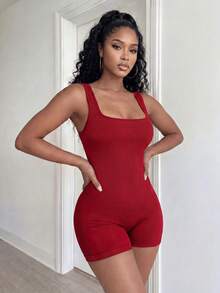 BamGleam Women's Solid Color Sleeveless Bodycon Romper - Burgundy - View 5