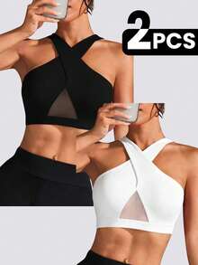 SHEIN Velisys Bra Olahraga Tanpa Jahitan Model Halter untuk Wanita - Hitam - View 1