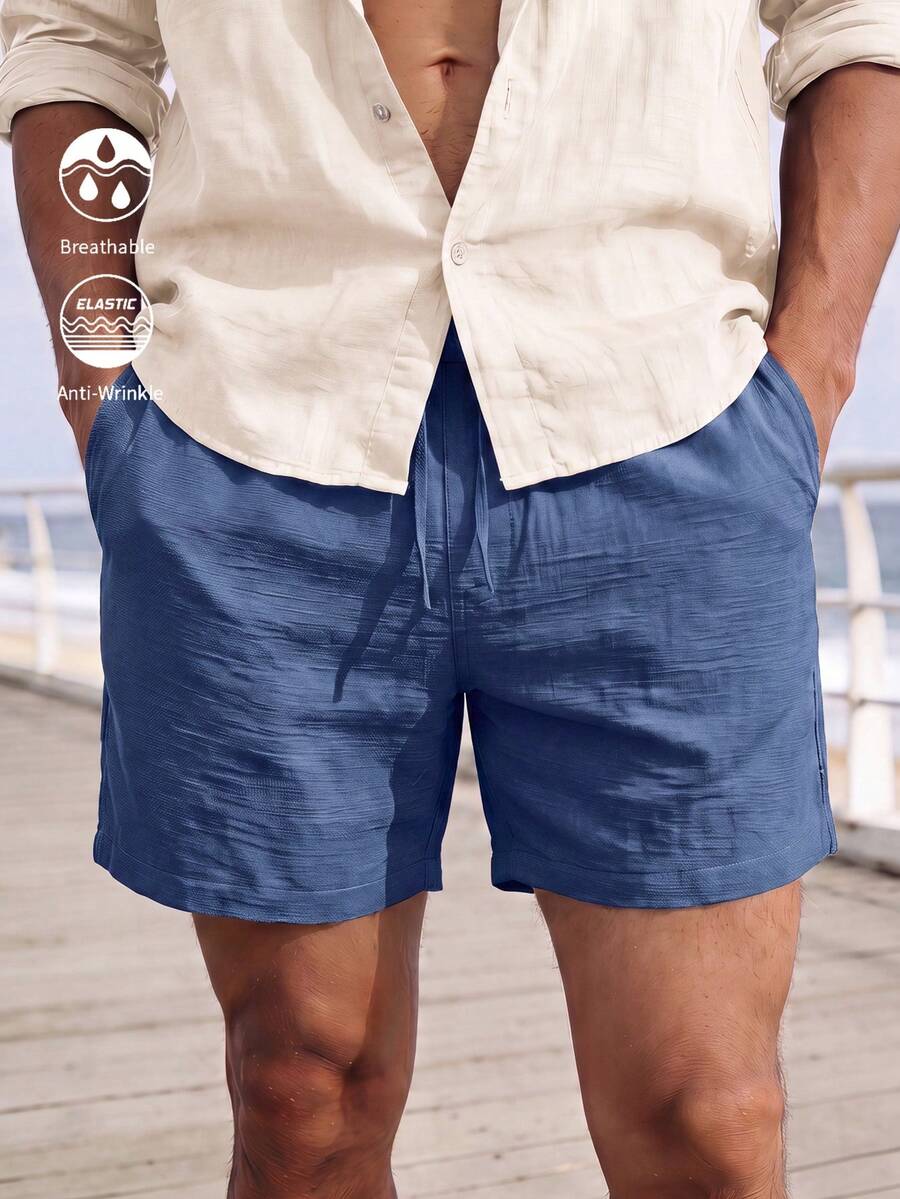 CoralVoy Men's Casual Textured Drawstring Waist Pocket Beach Shorts - Navy Blue - View 1