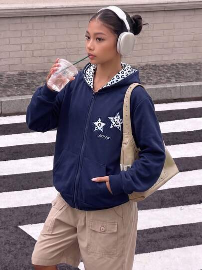 Tween Girls' Hooded Zip-Up Jacket, Navy Blue, Star Embroidery On Chest, Leopard Print Hood Lining, Fall/Winter, Fit, Cropped, Sports, Front, Running