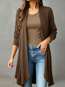 Everyssa Jaket Wanita Gaya Komuter dengan Kancing Depan, Panjang Sedang, Kerah Bervolume, dan Hem Asimetris - Coklat - View 3