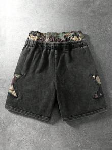 ROMWE MEN Casual 男士拼接迷彩星星雙層抽繩腰休閒短褲 - 黑色 - 查看 3