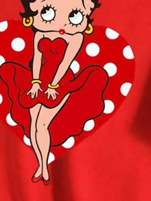Betty Boop x SHEIN SHEIN EZwear 休閒極簡圓領短袖寬鬆女款愛心印花T恤，夏季街頭風，返校季，Y2K，派對，海灘度假，紅色 - 紅色 - 查看 9