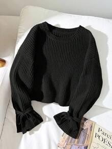 SHEIN 少女女孩純色圓領休閒日常長袖秋冬毛衣 - 黑色 - 查看 6