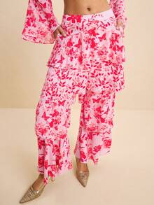 LOTSLUV Women's Early Autumn Vacation Elegant, Pink And Red Floral Print, Four-Layer Ruffle Split Flowy Long Pants,Summer Trousers,Women's Pants - Pink - View 1