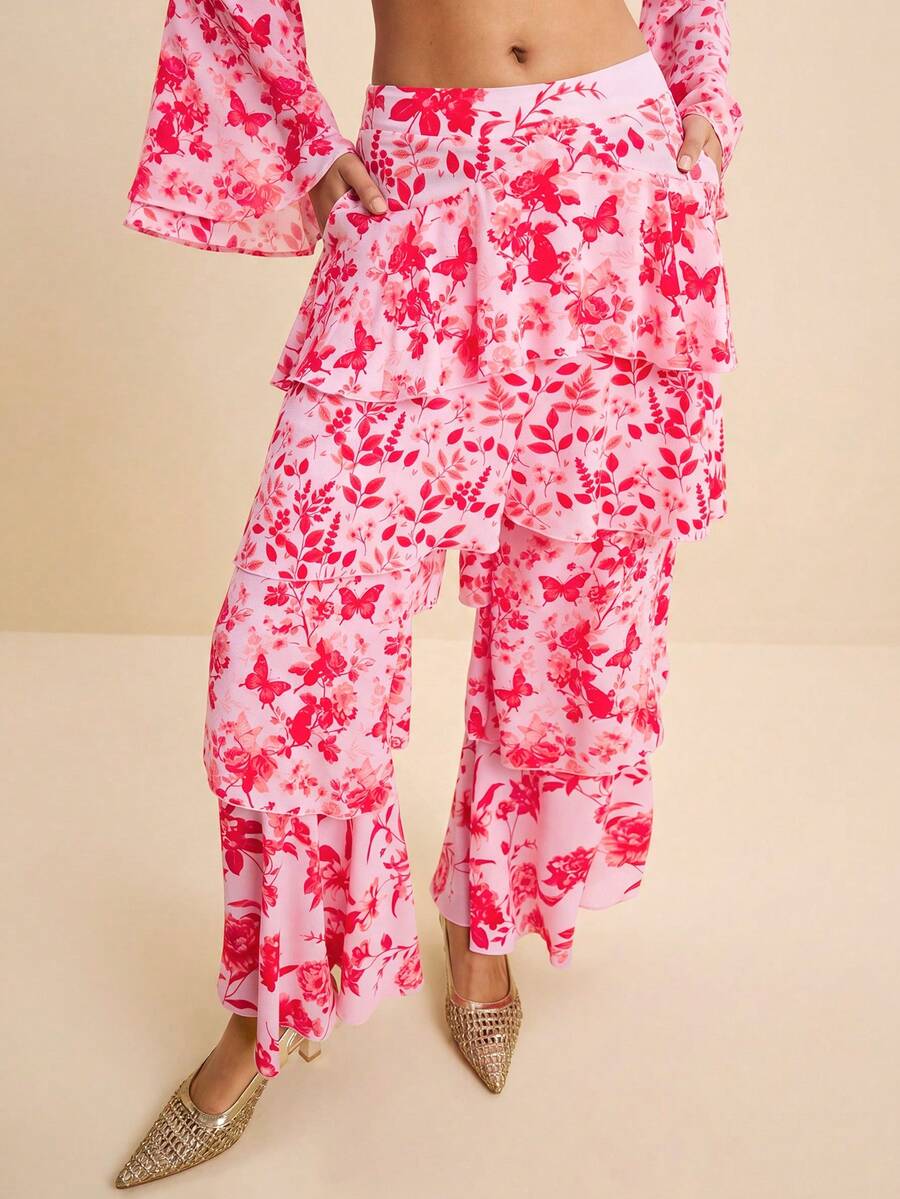 LOTSLUV Women's Early Autumn Vacation Elegant, Pink And Red Floral Print, Four-Layer Ruffle Split Flowy Long Pants,Summer Trousers,Women's Pants - Pink - View 1