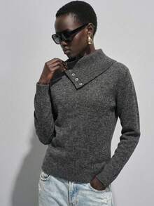 SHEIN Asymmetrical Collar Button-Up Fitted Sweater Set, Autumn/Winter Office Charcoal Gray Elegant Minimalist - Dark Grey - View 5