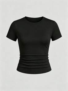 SHEIN 1件隨機款（6款設計中隨機），驚喜包，青少年女孩純色圓領短袖修身T恤，夏季百搭貼身打底上衣，多色隨機休閒百搭學生日常通勤短版款，舒適百搭 - 彩色 - 查看 8