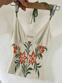 Franclia Women's Floral Print Vacation Ruched Halter Neck Tie Back Tank Top Beach Beige Summer Boho Tropical - Multicolor - View 3