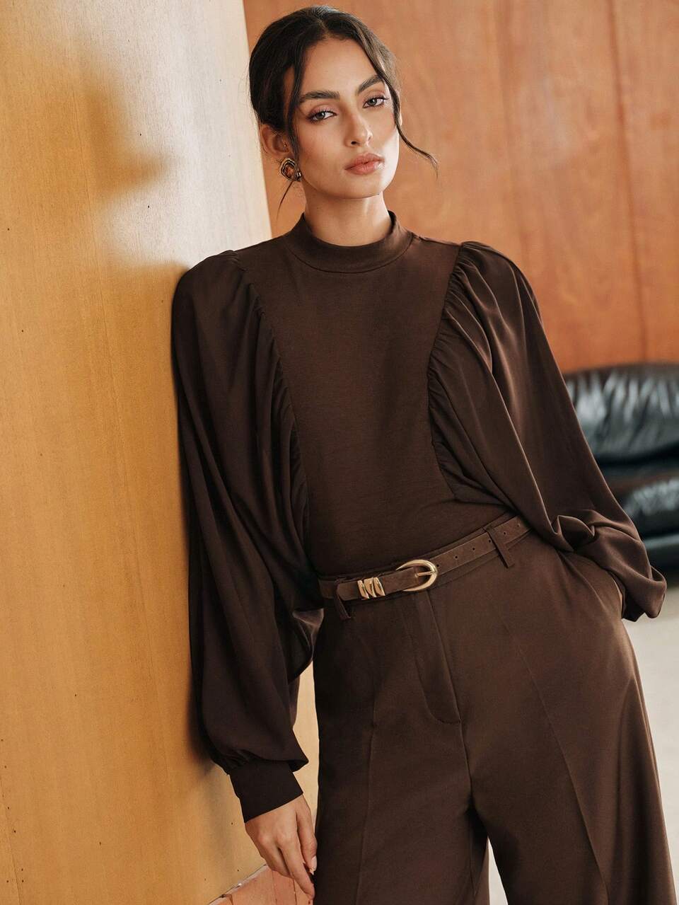 Women's New High-End Deep Coffee Color Fashion Elegant Knit & Chiffon Patchwork Batwing Long Sleeve Top