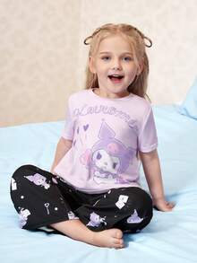 HELLO KITTY AND FRIENDS | SHEIN Young Girl Cute Cartoon Letter Graphic Short Sleeve T-Shirt And Long Pants Pajama Set, Spring/Summer/Autumn - Mauve Purple - View 3