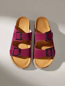Solecia Sandal Musim Panas Wanita Terbaru dengan Sol Tali Rami, Model Slip-On dengan Hiasan Gesper Sabuk, Sandal Pantai Modis - Burgundy - View 3