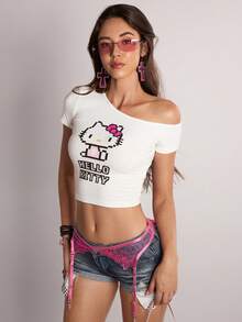 Rina Fox HELLO KITTY AND FRIENDS | SHEIN Cartoon Print Women's Asymmetrical Shoulder Cropped T-Shirt Everyday White Summer Y2k Kawaii - White - View 2