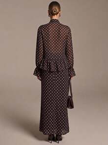 COSMINA Women's Casual Vintage Elegant Ruffle Blouse Chiffon Brown And White Polka Dot Set Dinner Party Fall - Brown - View 5