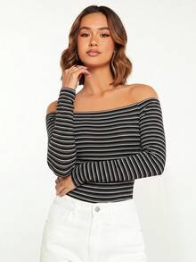 SHEIN BASICS Women's Striped Off-Shoulder Long Sleeve Bodysuit - Black and White - View 3