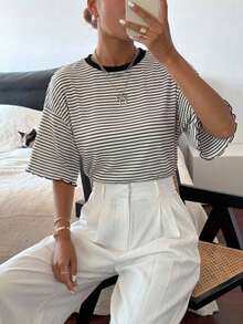 FRIFUL Women's Wavy Striped Loose Contrast Trim Short Sleeve T-Shirt, Summer Casual Wear - Black and White - View 2