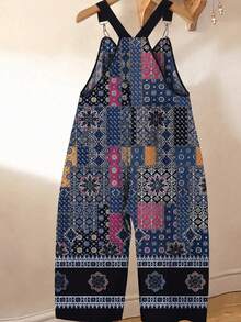 GlowEve CURVE Jumpsuit Kasual Motif Bohemian untuk Wanita Ukuran Besar, Cocok untuk Liburan Musim Semi/Panas dan Pemakaian Sehari-hari - Navy Blue - View 2