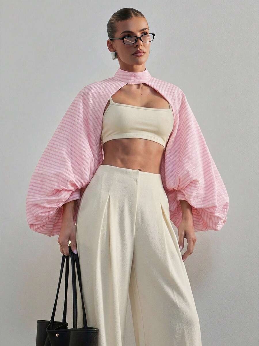 Hauture 女款蓬鬆氣球袖高領上衣,大膽性感,適合辦公室、外出、派對、迪斯可、電音派對,粉色與白色條紋,秋季穿搭 - 粉色 - 查看 1