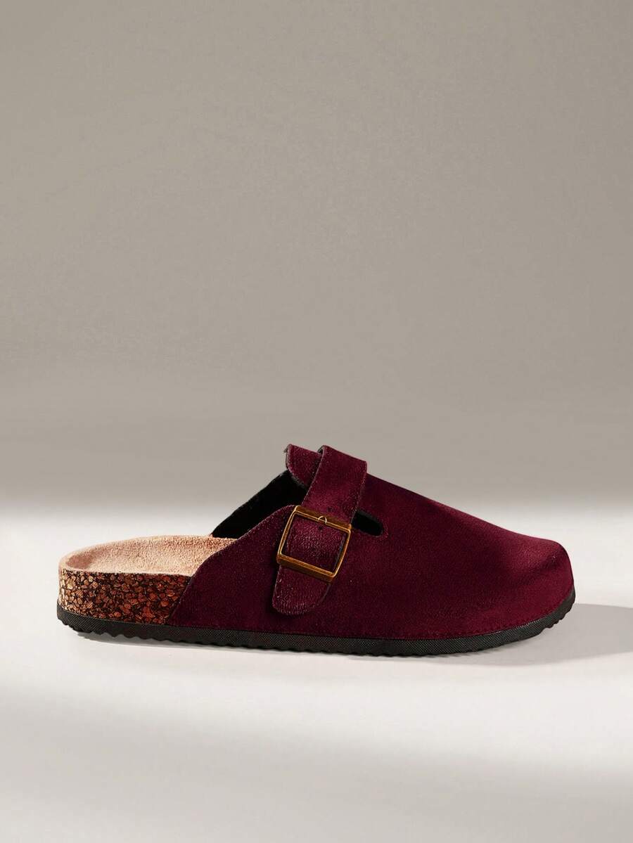 Solecia 女款時尚厚底拖鞋,圓頭配方型扣環,聖誕搭配鞋 - 酒紅色 - 查看 1
