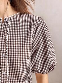 BizChic 棕色格紋鏤空蕾絲飾邊拼接襯衫，優雅法式復古商務休閒通勤野餐約會日常度假辦公秋季萬聖節開學教堂特殊場合生日婚禮賓客派對鄉村風度假風 - 咖啡棕 - 查看 7