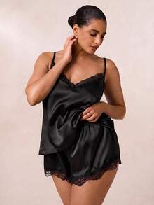SHEIN BAE CURVE 蕾丝边缎面吊带背心和短裤睡衣套装/睡衣套装 - 黑色 - 查看 5