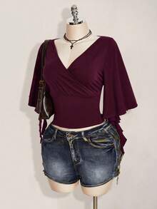 SHEIN ICON Plus Size Women Solid Color V-Neck Pleated Casual Versatile Daily Wear T-Shirt - Maroon - View 5