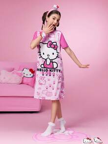 HELLO KITTY AND FRIENDS | SHEIN Tween Girl Cartoon Print Pink Cute Short Sleeve Nightgown, Summer - Pink - View 6