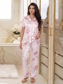 LuxeNights Women's Elegant Pink Floral Print Satin Pajama Set With Open Front, Lapel Collar, Short Sleeve Top And Long Pants - Pink - View 6