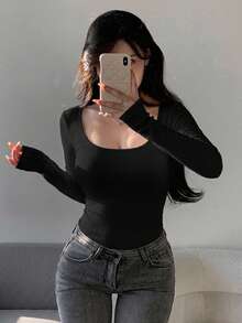 DAZY 女款休閒百搭純色長袖T恤 - 黑色 - 查看 6