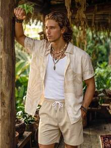 Alderstead Plus Size Men's Summer White Boho Beach Outfit,Plant Print Button-Front Shirt & Shorts Set,Resort Wear Cruise Holiday Vacation Tropical Outfits - Khaki - View 7