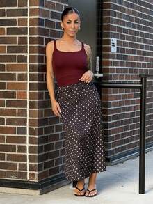 SAYEHFBABY Fashionable Casual Black Satin Polka Dot Skirt For Women Long Skirt Skirt Black And White Skirt Black Polka Dot Skirt Vacation Summer - Black - View 4