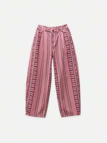 Nöista Balloon-Leg Denim Pants In Dusty Pink With Burgundy Stripes And High Waist. Fashionable Design For Casual Styling, Streetwear And Fall - Pink - View 7