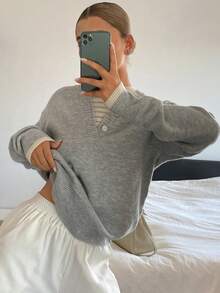 DAZY 女款拼色寬鬆長袖休閒度假正式優雅春秋針織毛衣 - 灰色 - 查看 4