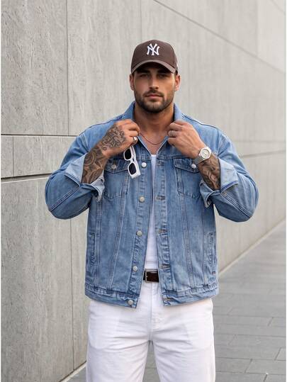 KRYTIVO Herr Plusstorlekar Enkel Enfärgad Enfärgad Urban Casual Långärmad Jeansjacka För Vardagsbruk Gå ut Umgås Fest Semester Gata, Höst