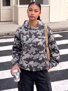 青少年女孩休閒街頭風豹紋毛絨帽，五角星豹紋印花，適合街頭穿搭，連帽衛衣搭配 - 軍綠色 - 查看 1