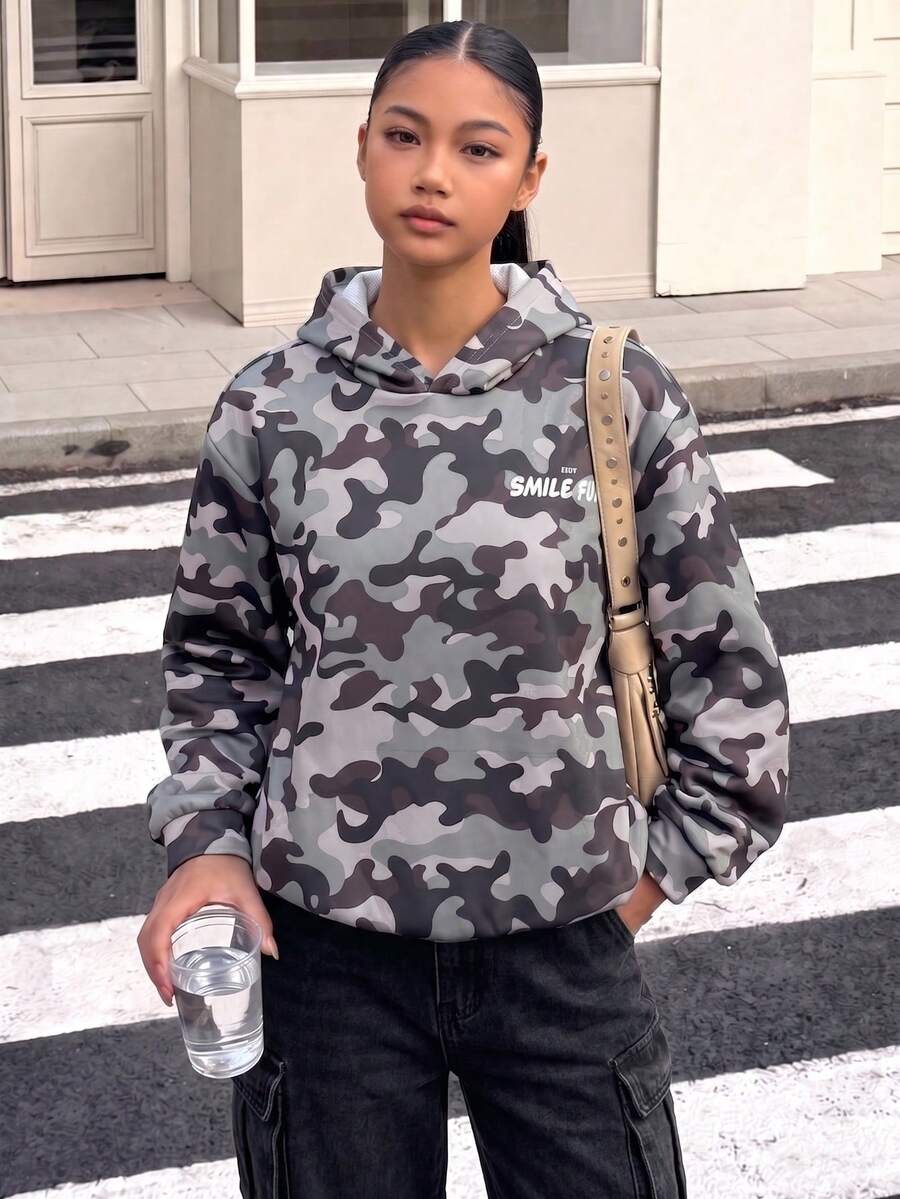 青少年女孩休閒街頭風豹紋毛絨帽,五角星豹紋印花,適合街頭穿搭,連帽衛衣搭配 - 軍綠色 - 查看 1
