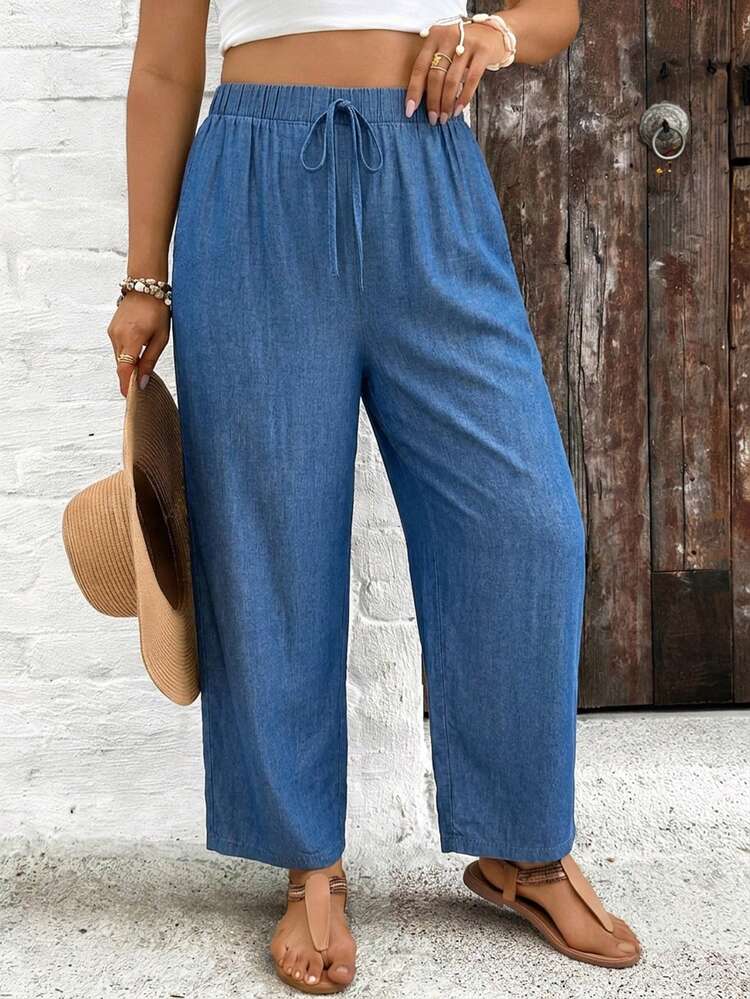 Freevana Plus Size Women's Waist Tie Faux Denim Effect Long Pants - Blue - View 5