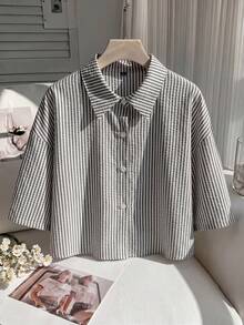 Comfortcana Kemeja Crop Bergaris Kasual Musim Panas Ukuran Besar - Hitam - View 1