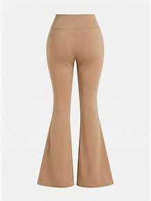 SHEIN Girlism Tween Girl Tween Girl Solid Color Asymmetric Waist Flare Leg Pants Casual Everyday Versatile - Khaki - View 2