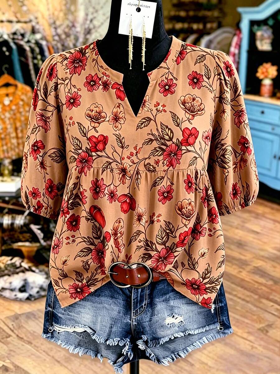 Linhara Plus Size Women's Notch Neck Printed Blouse, Summer Vacation Boho Fall - Brown - View 1