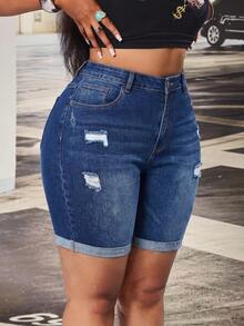 Slaydiva Plus Size Women's Ripped Fashionable Casual Loose Fit Versatile Stretch Denim Shorts Formal Beach Blue Summer - Dark Wash - View 7