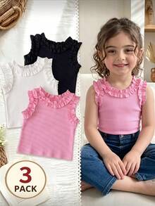 SHEIN Genkimix Kids Conjunto de 3 piezas para niñas jóvenes: Camisetas sin mangas con volantes de unicolor para el verano - Rosa, Blanco & Negro - Multicolor - Ver 4