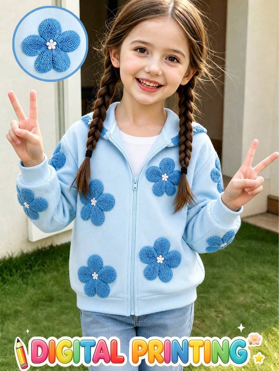 女童 4-7歲 淺藍色 3D花朵貼花 全開襟連帽外套 長袖休閒秋冬外套